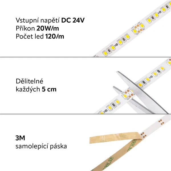 LED pásek 24V-600-20W vnitřní záruka 3 roky, teplá bílá  07921 