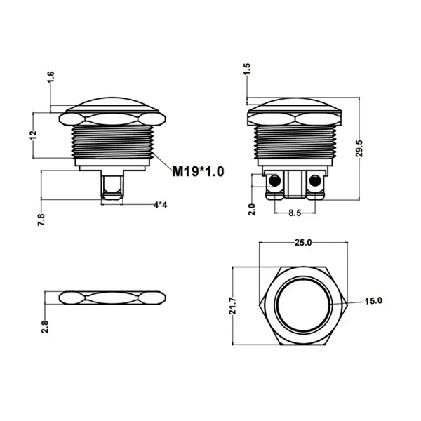 Tlačítkový spínač M19 250V/5A kovový 113101 T-LED