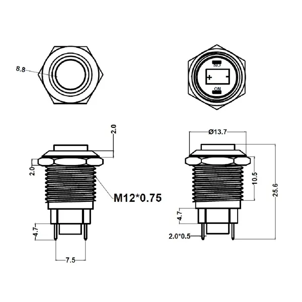 Tlačítkový vypínač M12 250V/5A kovový 113102 T-LED