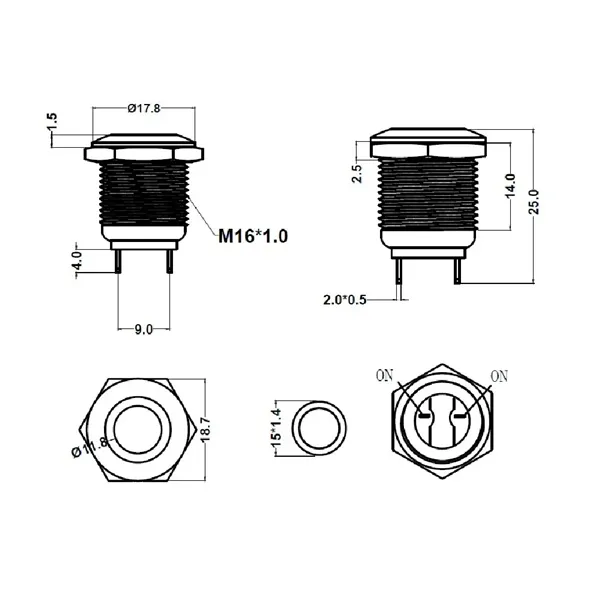 Tlačítkový vypínač M16 250V/5A kovový 113103 T-LED