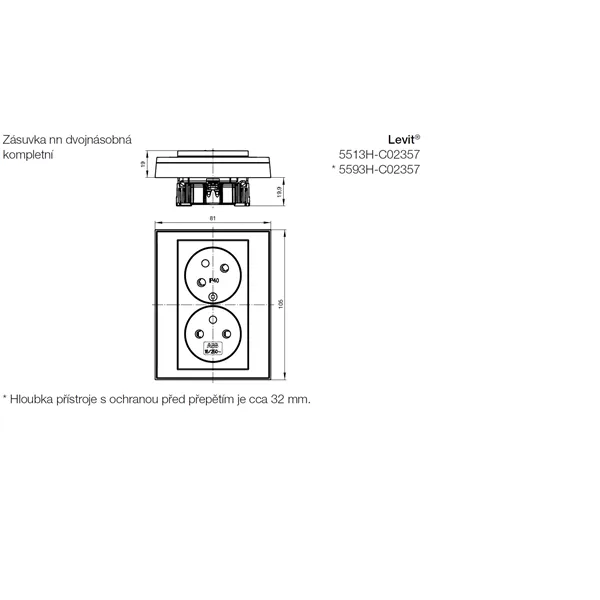 Zásuvka dvojnásobná s ochrannými kolíky, s clonkami, s natočenou dutinou bílá / ledová bílá 5513H-C02357 01