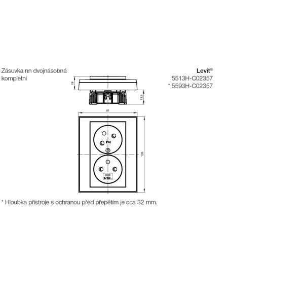 Zásuvka dvojnásobná s ochrannými kolíky, s clonkami, s natočenou dutinou ílá / kouřová černá ílá / kouřová černá 5513H-C02357 62