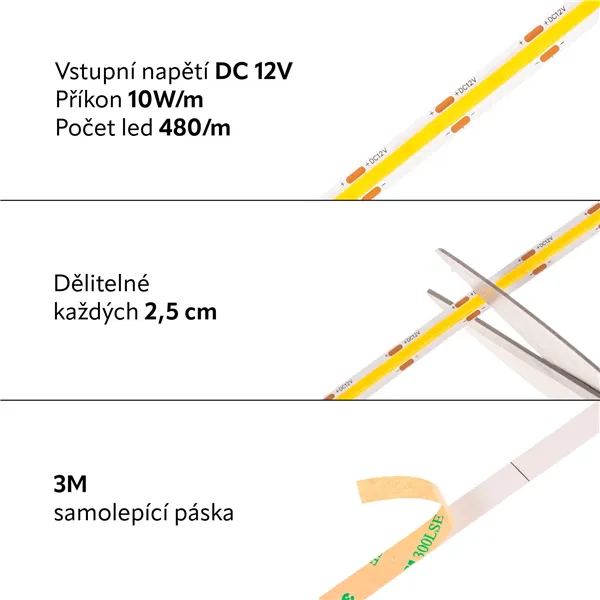 COB LED pásek 12COB10 vnitřní záruka 3 roky, teplá bílá  078091 