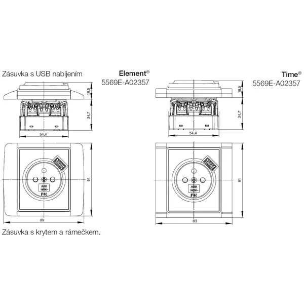 Zásuvka jednonásobná s kolíkem, s USB nabíjením titanová  5569E-A02357 08